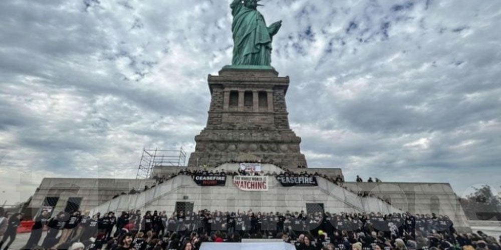 نيويورك: نشطاء يتجمهرون عند قاعدة تمثال الحرية للمطالبة بوقف النار في غزة