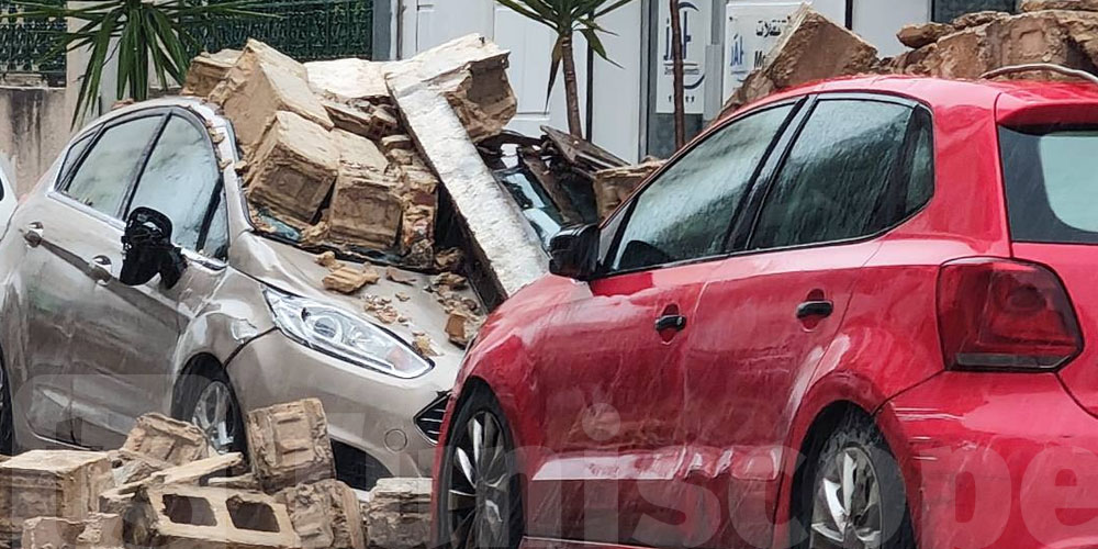 عاجل : سقوط جدار على سيارتين قرب شارع خير الدين باشا